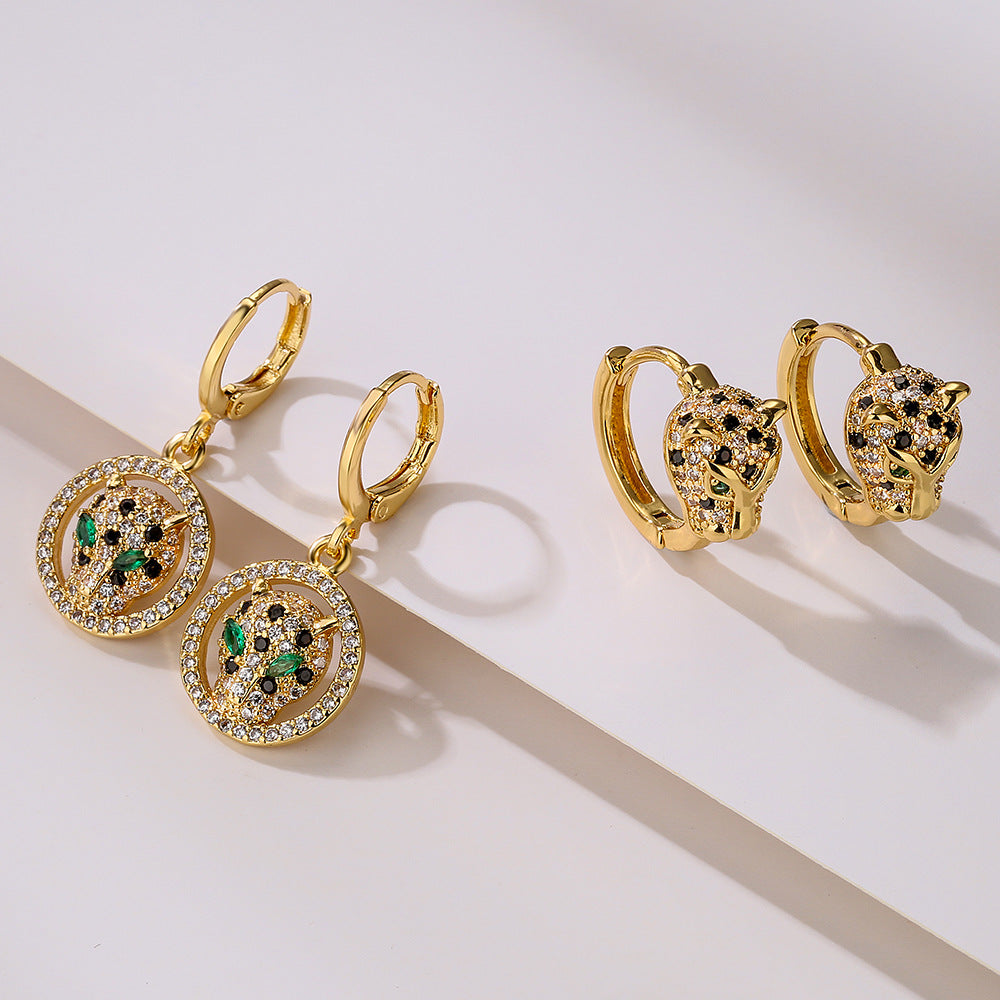 Fashionable Leopard-Shaped Geometric Earrings for Women with Copper Base Plated in Real Gold and Zircon Inlay