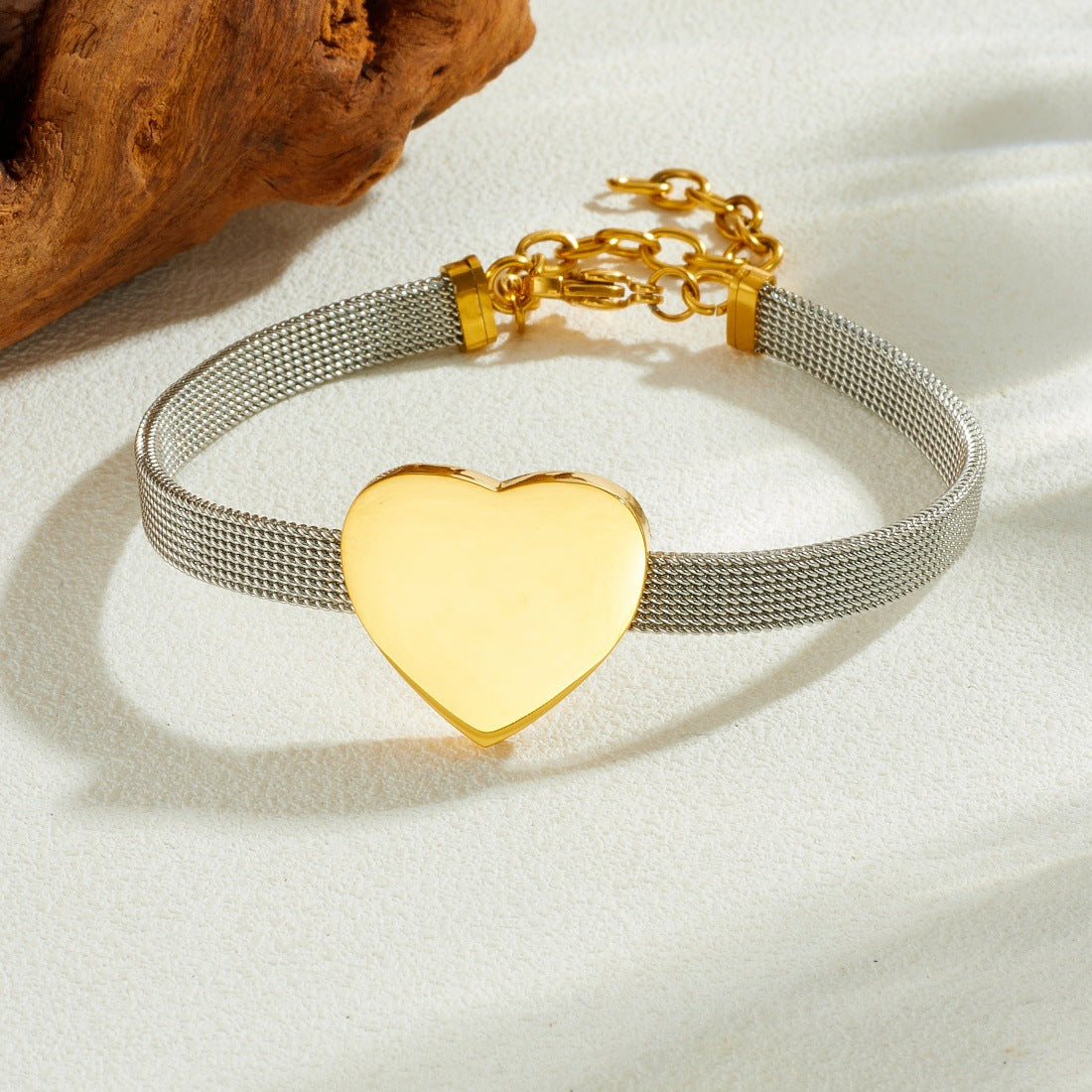 Minimalist Gold Plated Heart Mesh Chain Stainless Steel Bracelet