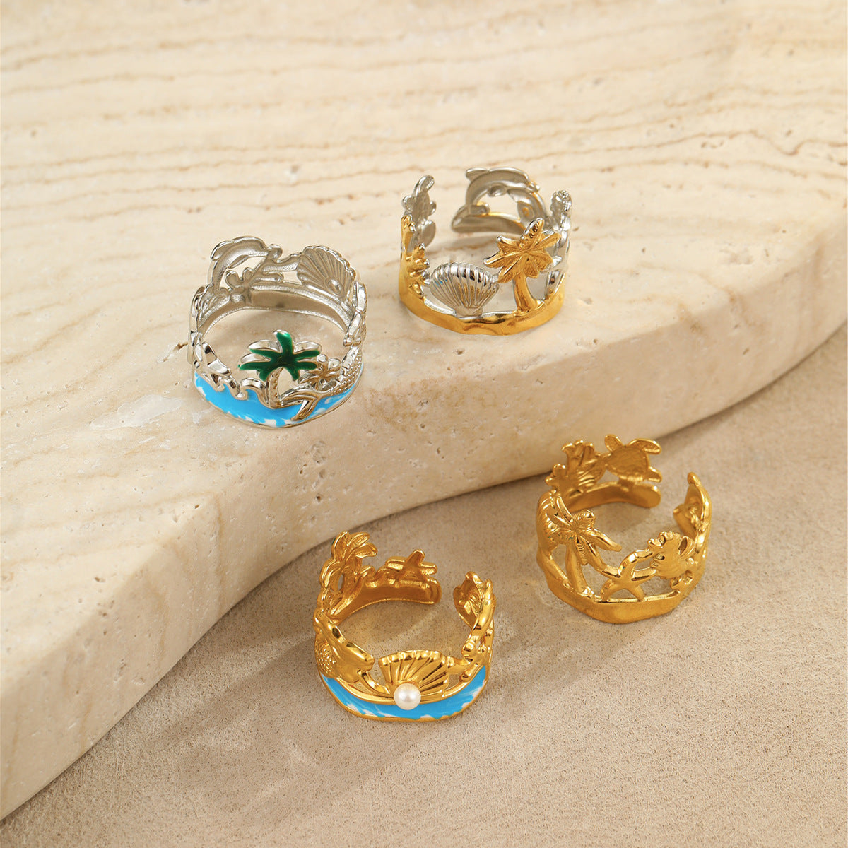 Anillo de perlas de lujo con temática de sirena y océano en acero inoxidable con baño de oro y banda abierta ajustable para mujer