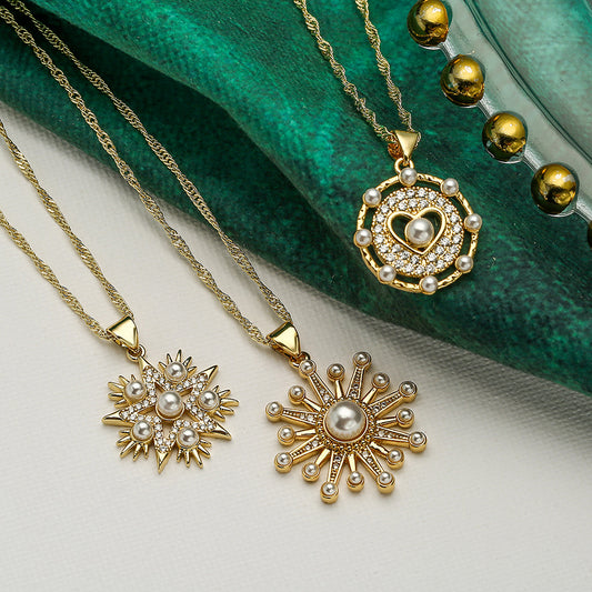 Collana pendente a stella minimalista in rame con zirconi e perle da donna