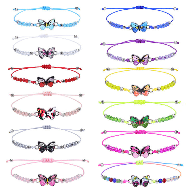 Sweet Colorful Crystal Butterfly Beaded Bracelet Silver Plated Unisex Hand Jewelry