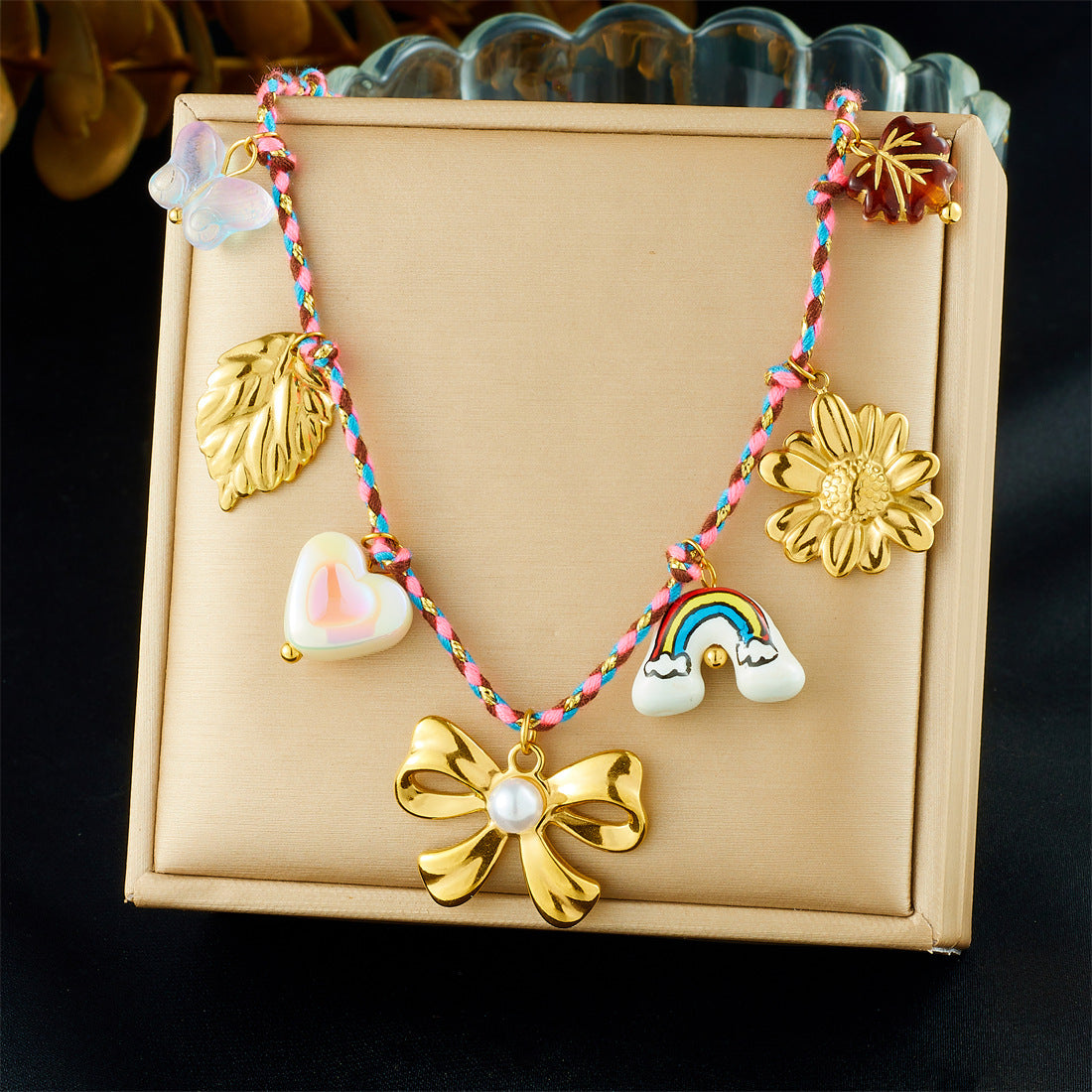 Rainbow Bow Stainless Steel Plated Pendant Necklace Charm Bar for Women