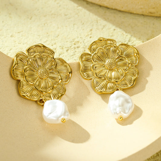 Vintage Floral Pearl-Inlaid 18K Gold-Plated Titanium Steel Earrings for Women