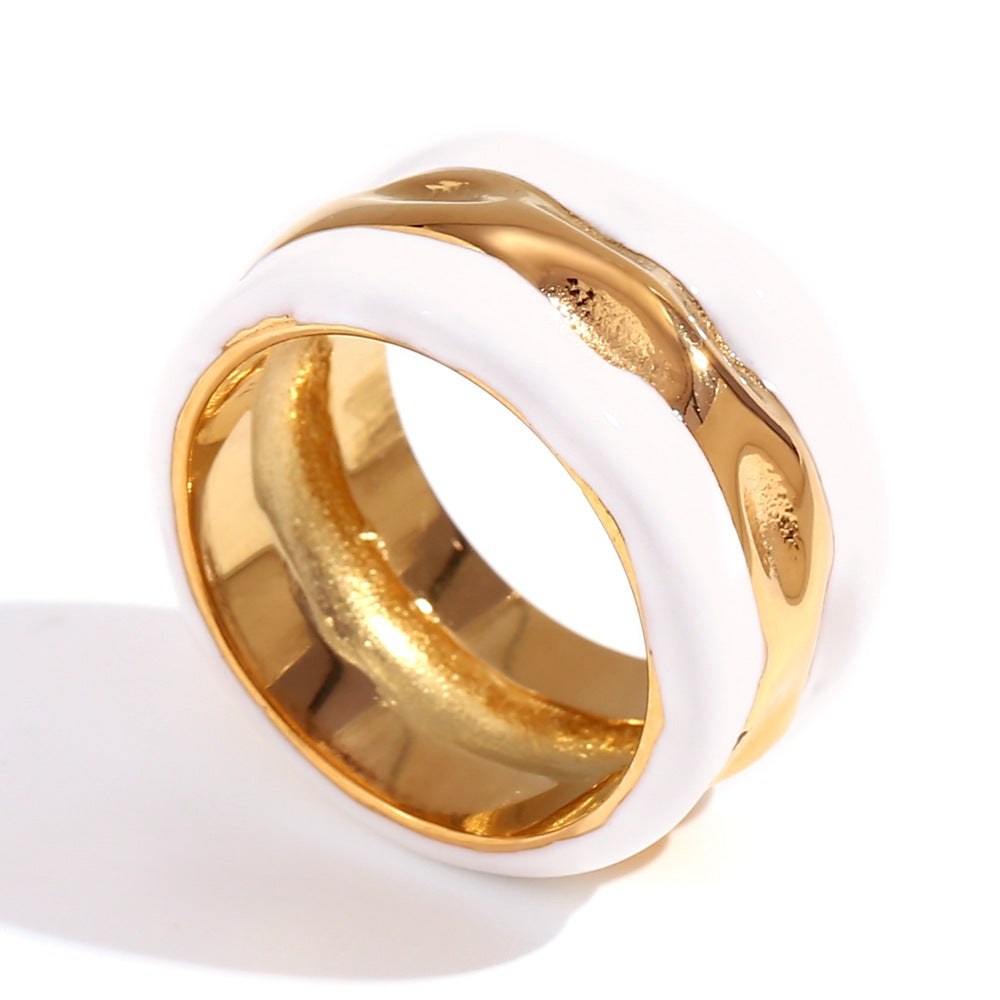 Fashionable Geometric Stainless Steel Plated 18K Gold Wave Texture Enamel Ring for Women