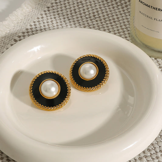 Pendientes de Acero Inoxidable de Titanio de 18K con Esmalte Geométrico Redondo de Moda para Mujer