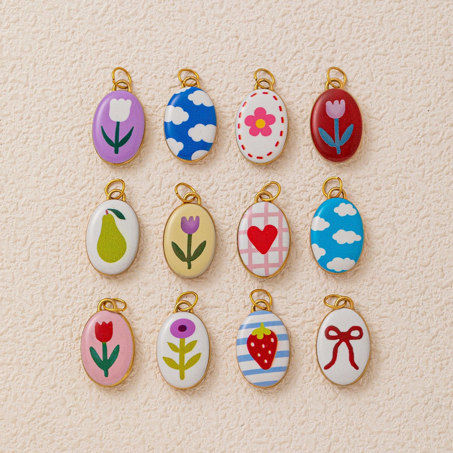 Fashion Stainless Steel Drip Oil Plated Necklace with Bow Flower Strawberry Heart and Pear Charms