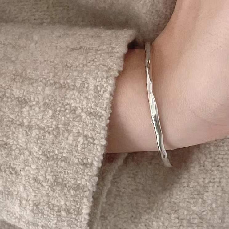 S925 Sterling Silver Women's Minimalist Geometric Unisex Bracelet, Polished Finish, Unique Irregular Texture, Cute Korean Style