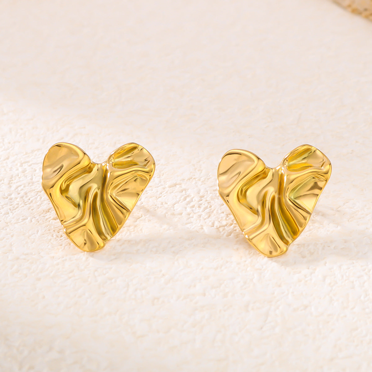 Minimalist Heart-Shaped Stainless Steel Earrings with 18K Gold Plating and Textured Folded Surface for Women
