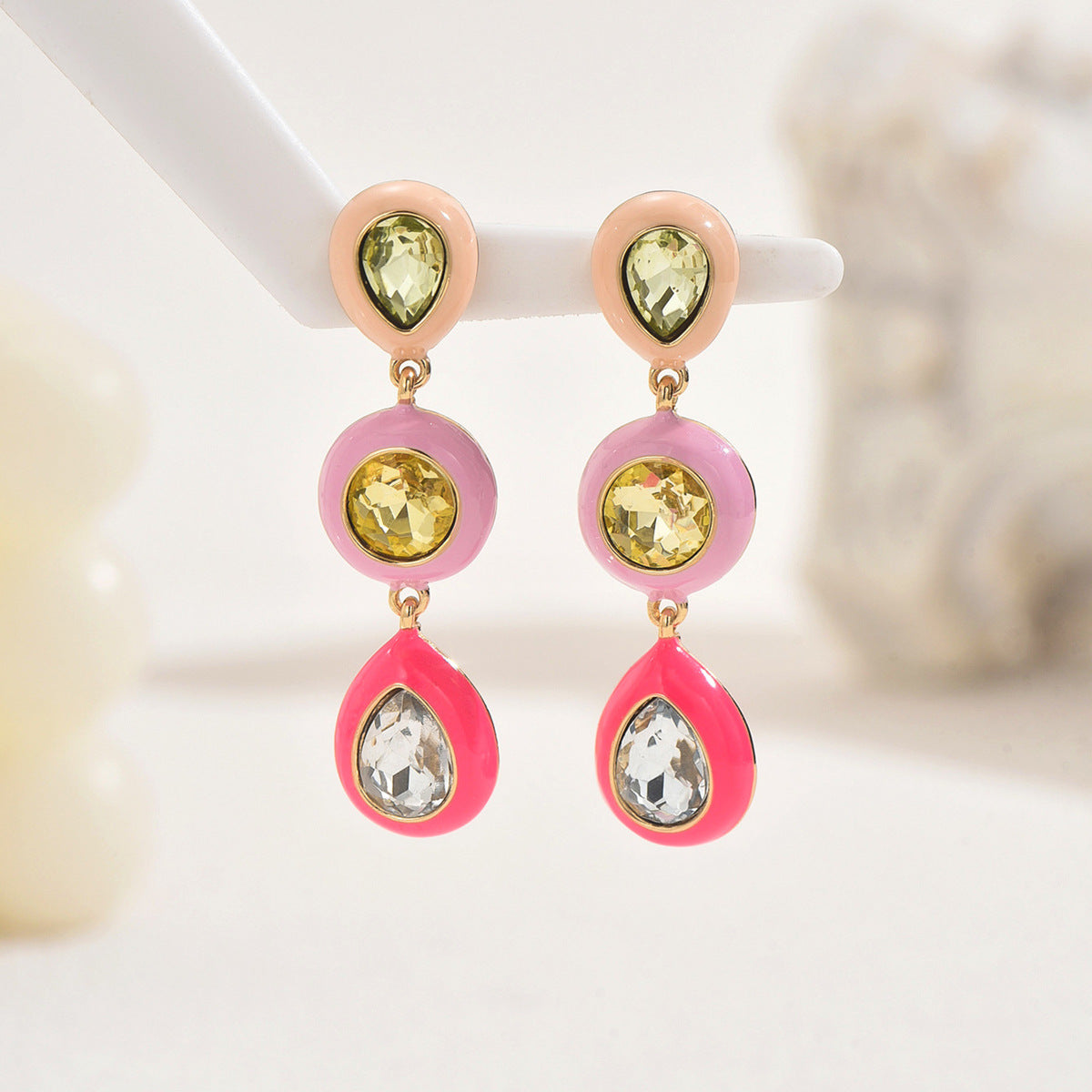 Pendientes de esmalte y diamantes de imitación de estilo geométrico para mujer, aretes hipoalergénicos de aleación de zinc con acabado pulido y colorido