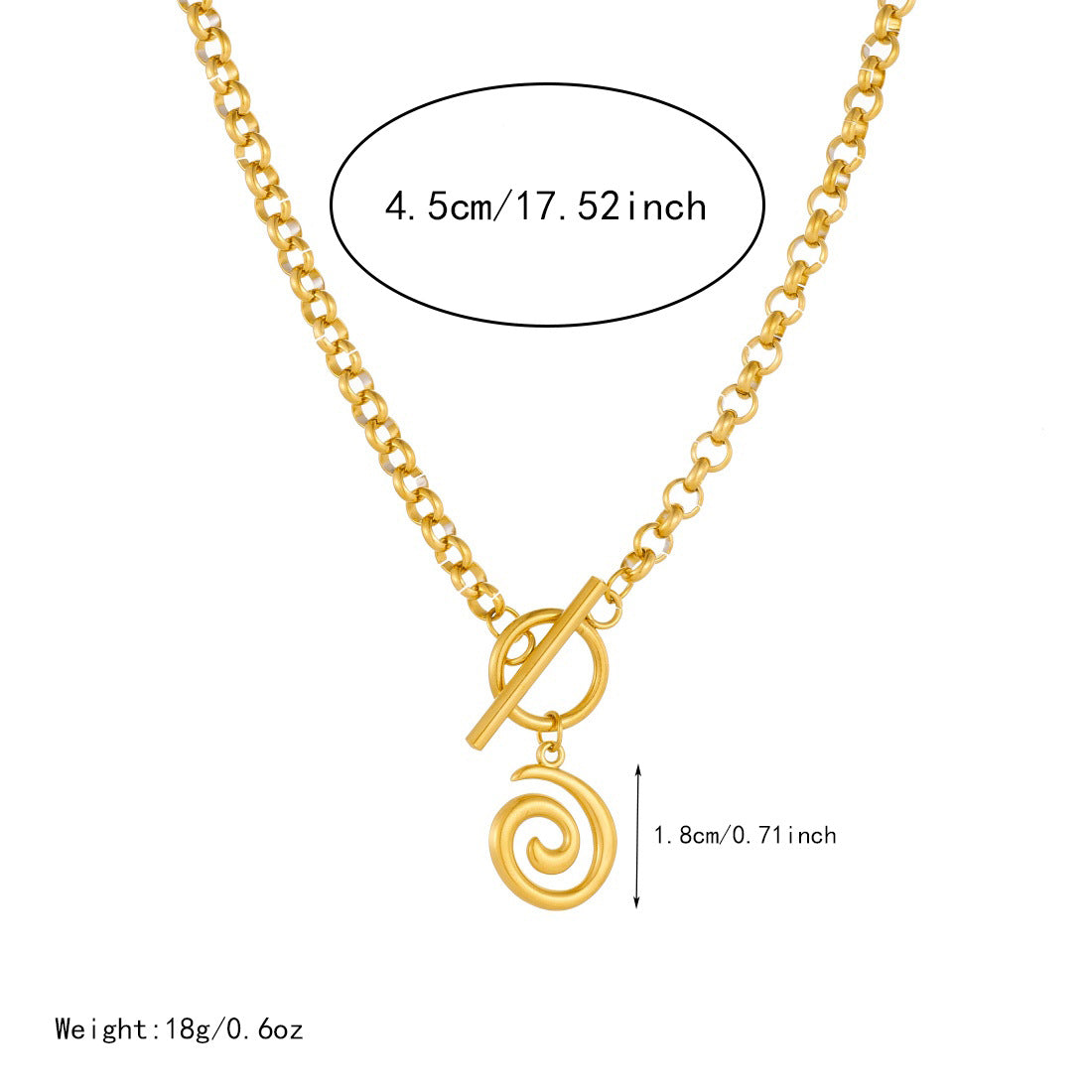 Punk Hip-hop Vintage Gold Plated Stainless Steel Geometric Spiral Ring Pendant Necklace with OT Clasp and Cable Chain
