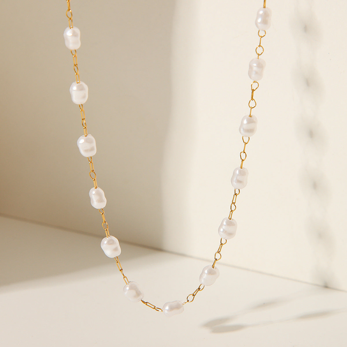Retro French Palace Style Geometric Pendant Necklace for Women in Stainless Steel with 18K Gold Plating, Pearl Accent, and O-Chain