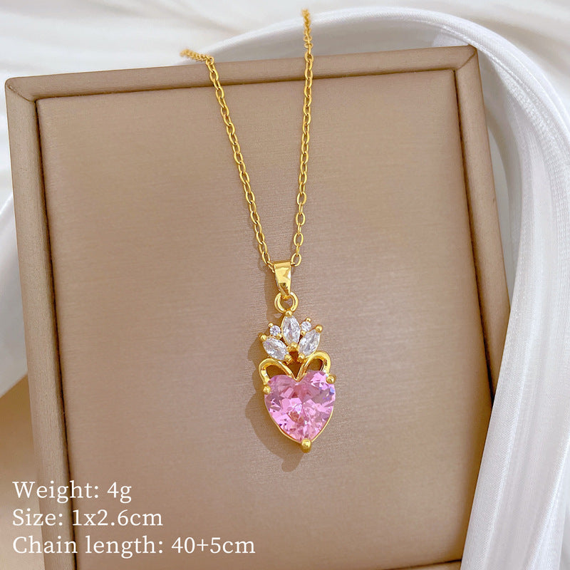 Sweet Minimalist Heart Geometric Rhinestone Titanium Steel Necklace for Unisex