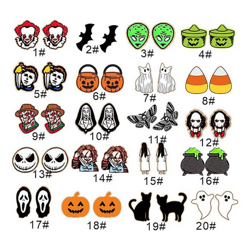 Pendientes de madera de Halloween para niños con formas de fantasma, dulces, calabaza, cesta, gato negro, calavera, polilla, cabeza de alienígena y murciélago con diseño impreso