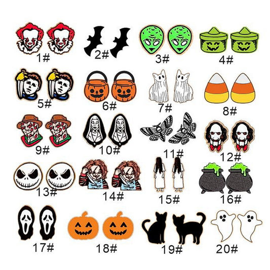 Halloween Wooden Earrings for Kids Featuring Ghost Candy Pumpkin Basket Black Cat Skull Moth Alien Head and Bat Shapes with Printed Design