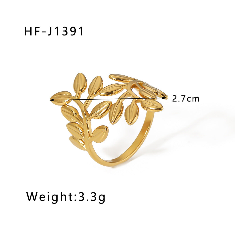 Minimalist Instagram Style Geometric Hollow Leaf and Floral Titanium Steel Ring with 18K Gold Plating for Women