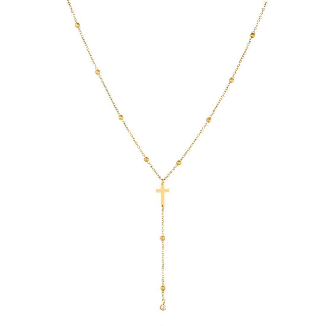 Minimalist Gold Plated Cross Stainless Steel Pendant Necklace with Tassel Ball Chain for Women