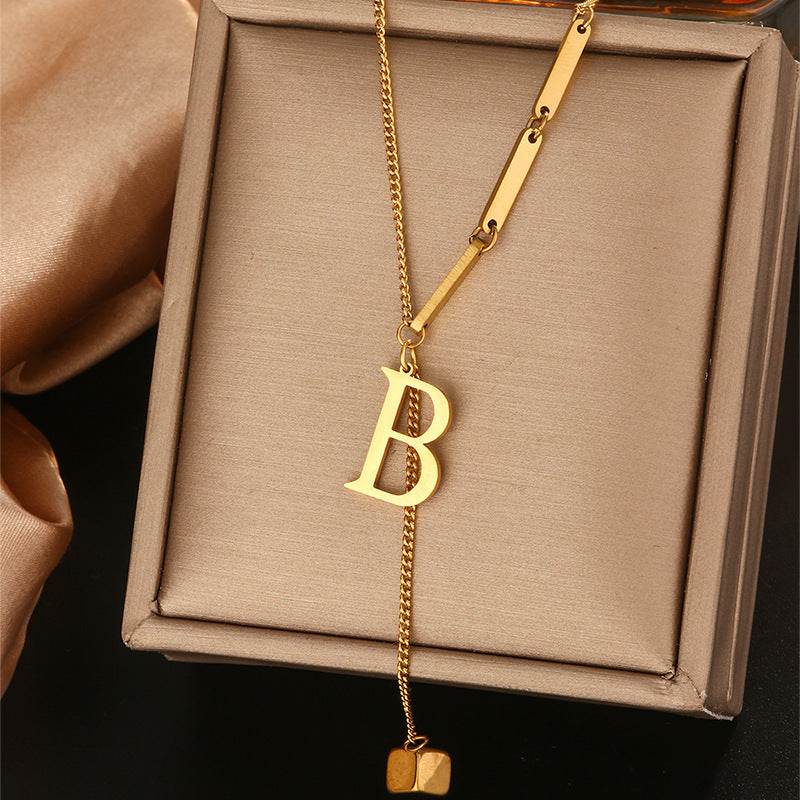 Minimalist Titanium Steel Letter Pendant Necklace with Tassel for Women