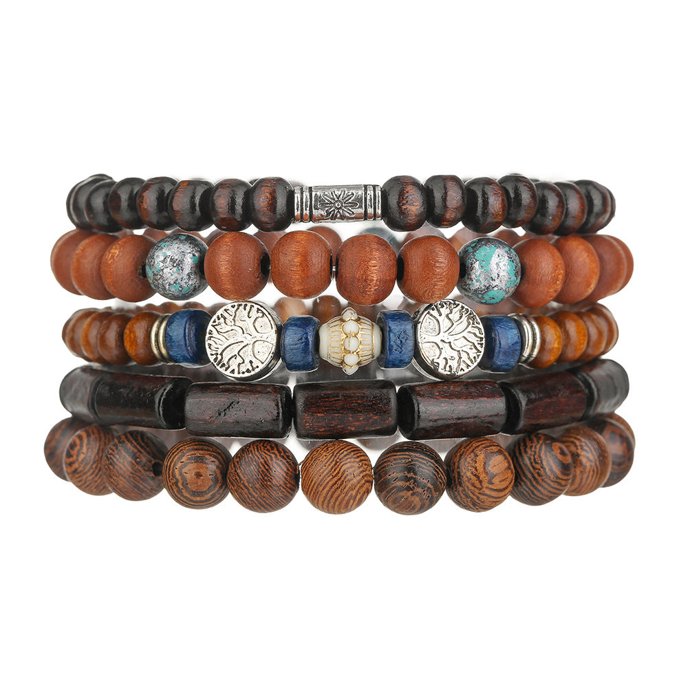 Vintage Ethnic Round Wood Beaded Tree of Life Bracelet for Men and Women