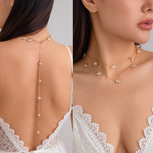 Collar Trasero Minimalista con Borla Estilo Perla en Tono Frío, Colgante Geométrico y Acabado Bañado para Mujer