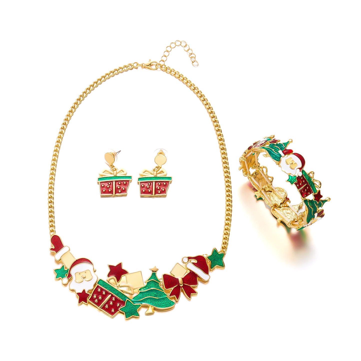 Set di Gioielli Natalizi per Donna con Ciondoli a Forma di Babbo Natale, Albero, Fiocco di Nece, Collana, Bracciale e Orecchini in Lega di Zinco con Catena a O