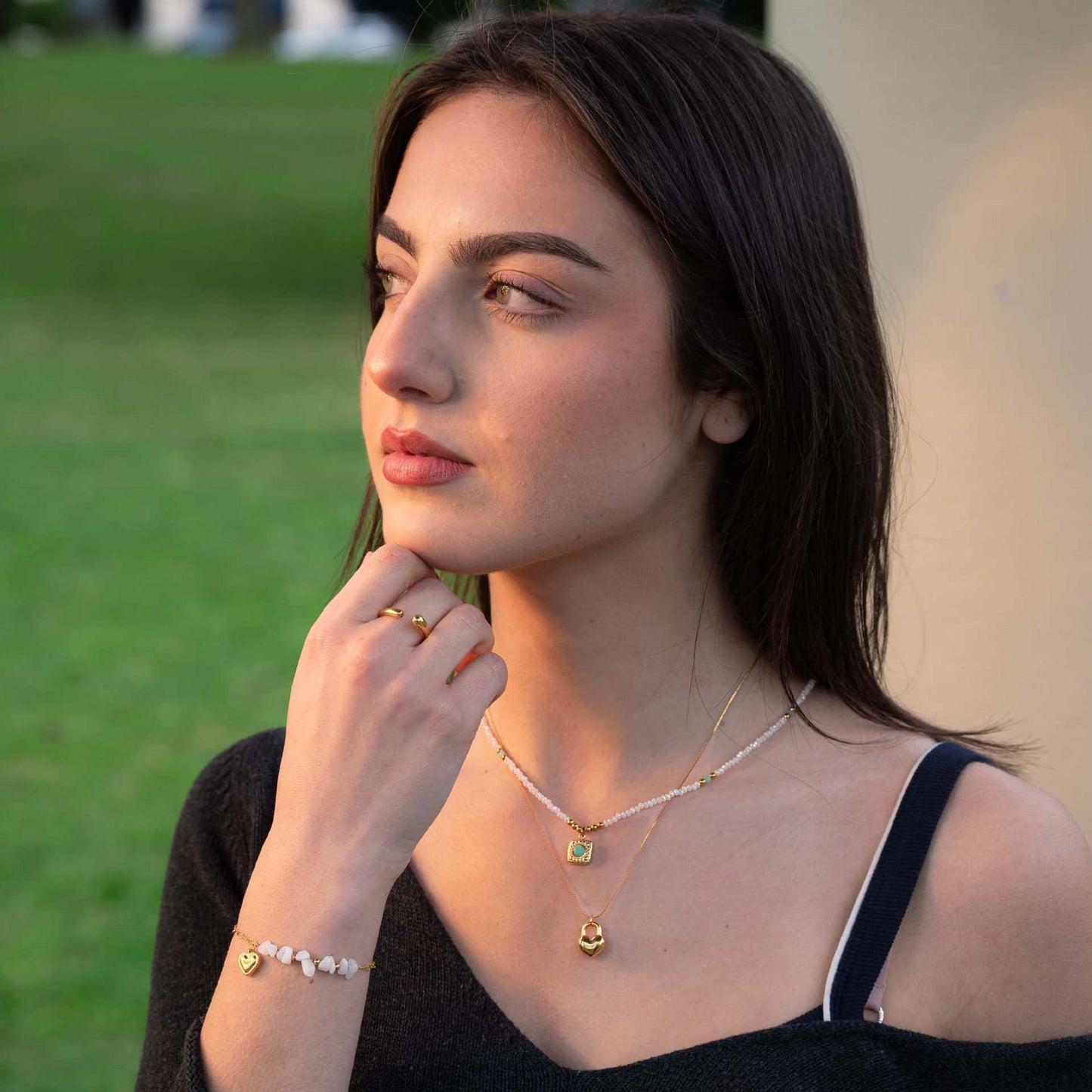 Set Collana, Bracciale e Anello Cuore in Acciaio Inossidabile Placcato Oro 18K di Lusso