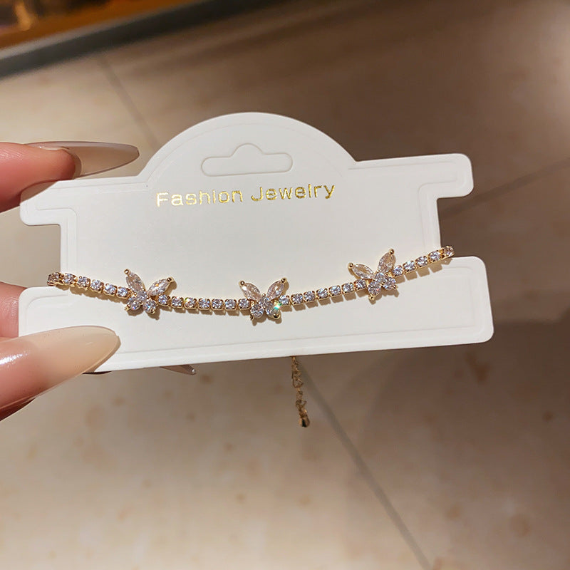 Minimalist Sweet Square Butterfly Brass Bracelet with Cubic Zirconia Inlay for Women