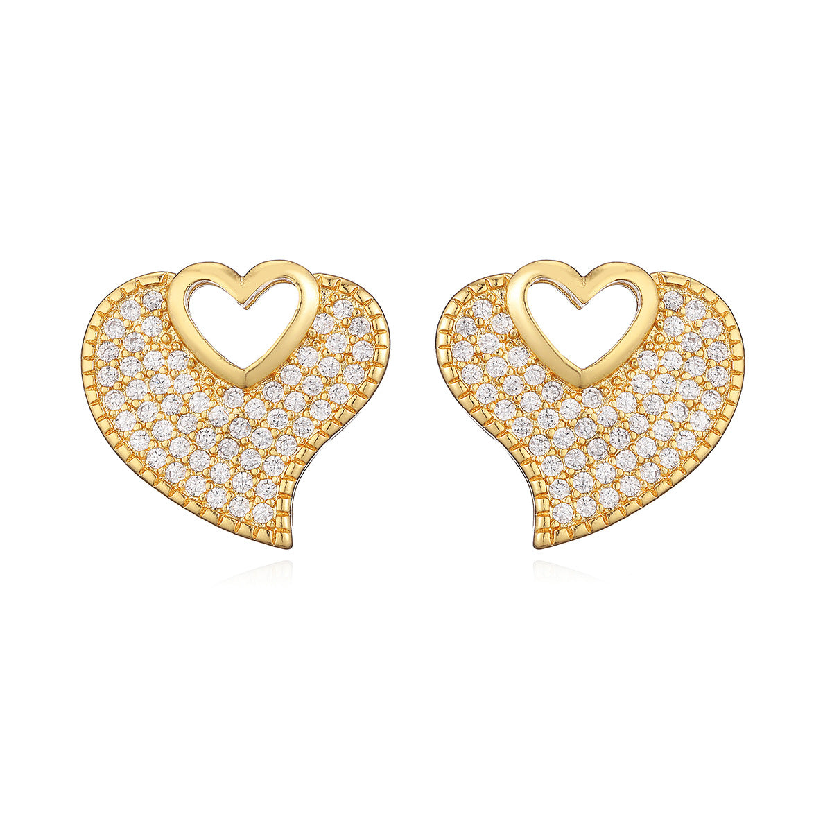 Orecchini a perno con cuore in zirconi placcati oro e rame, minimalisti e di lusso, da donna, con incastonatura a micro-pavé