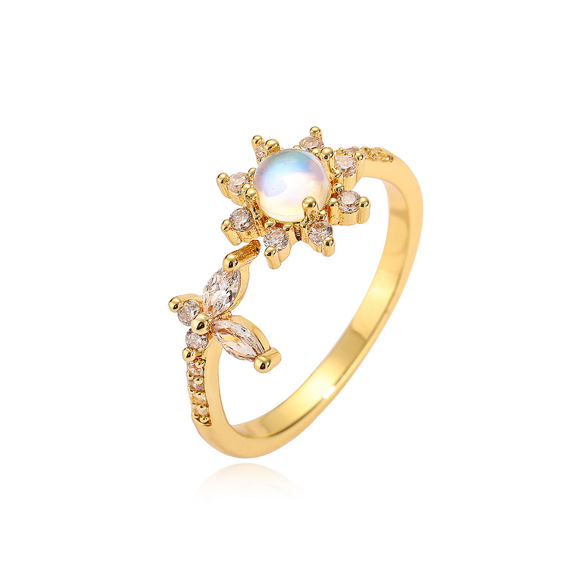 Anello in rame geometrico minimalista con placcatura in oro 18 carati e fiore in zircone per donna