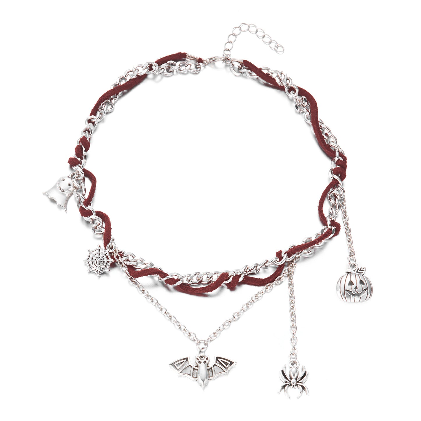 Juego de collar y pulsera góticos oscuros para Halloween con dijes de calabaza, fantasma, murciélago y araña, joyas chapadas en aleación para unisex