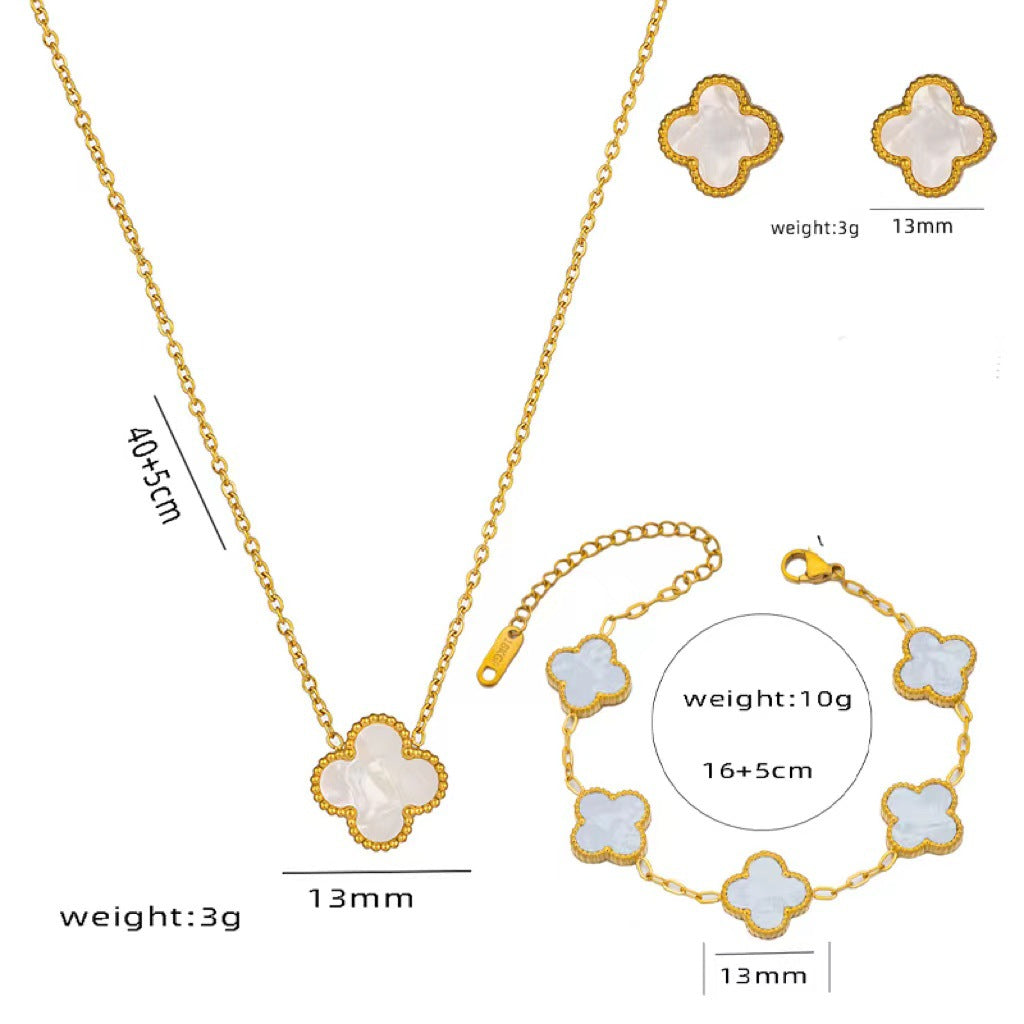 Pulsera Minimalista de Acero de Titanio con Forma de Trébol para Mujer con Baño de Oro e Incrustaciones de Nácar