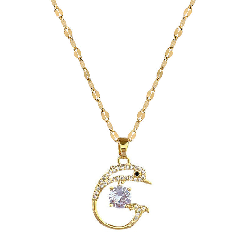 Elegant Dolphin Pendant Necklace for Women Stainless Steel Chain with Rhinestone Inlay Geometric Design Minimalist Style