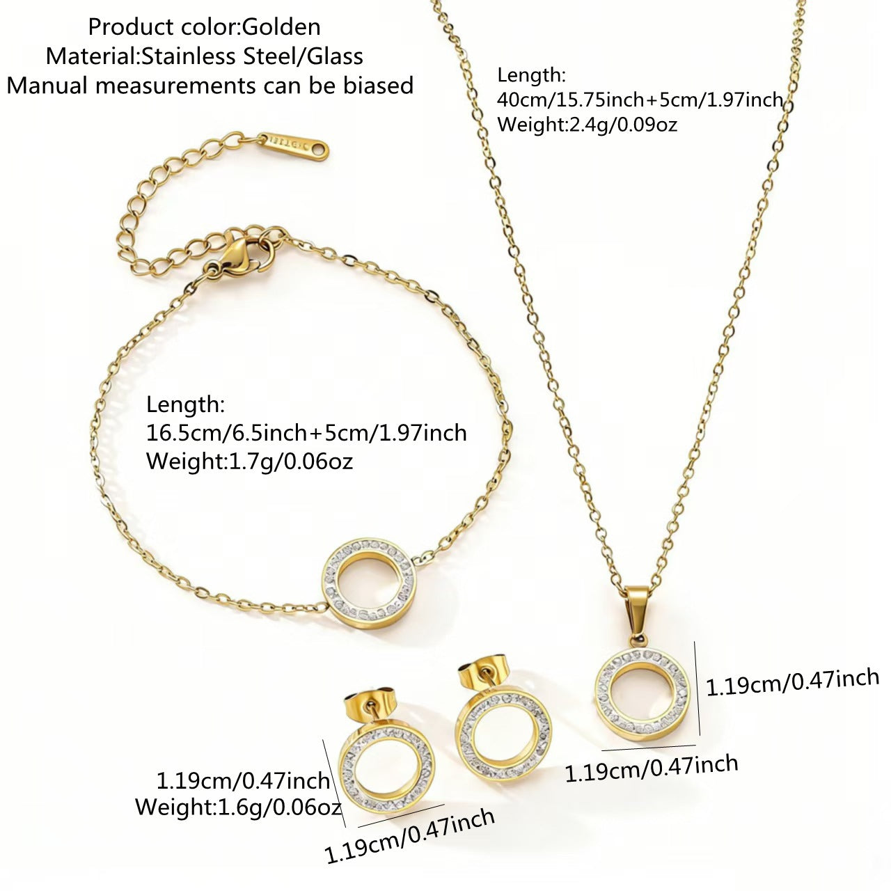 Set di gioielli minimalista geometrico rotondo in acciaio inossidabile placcato con zirconia cubica e catena a cavo per donna