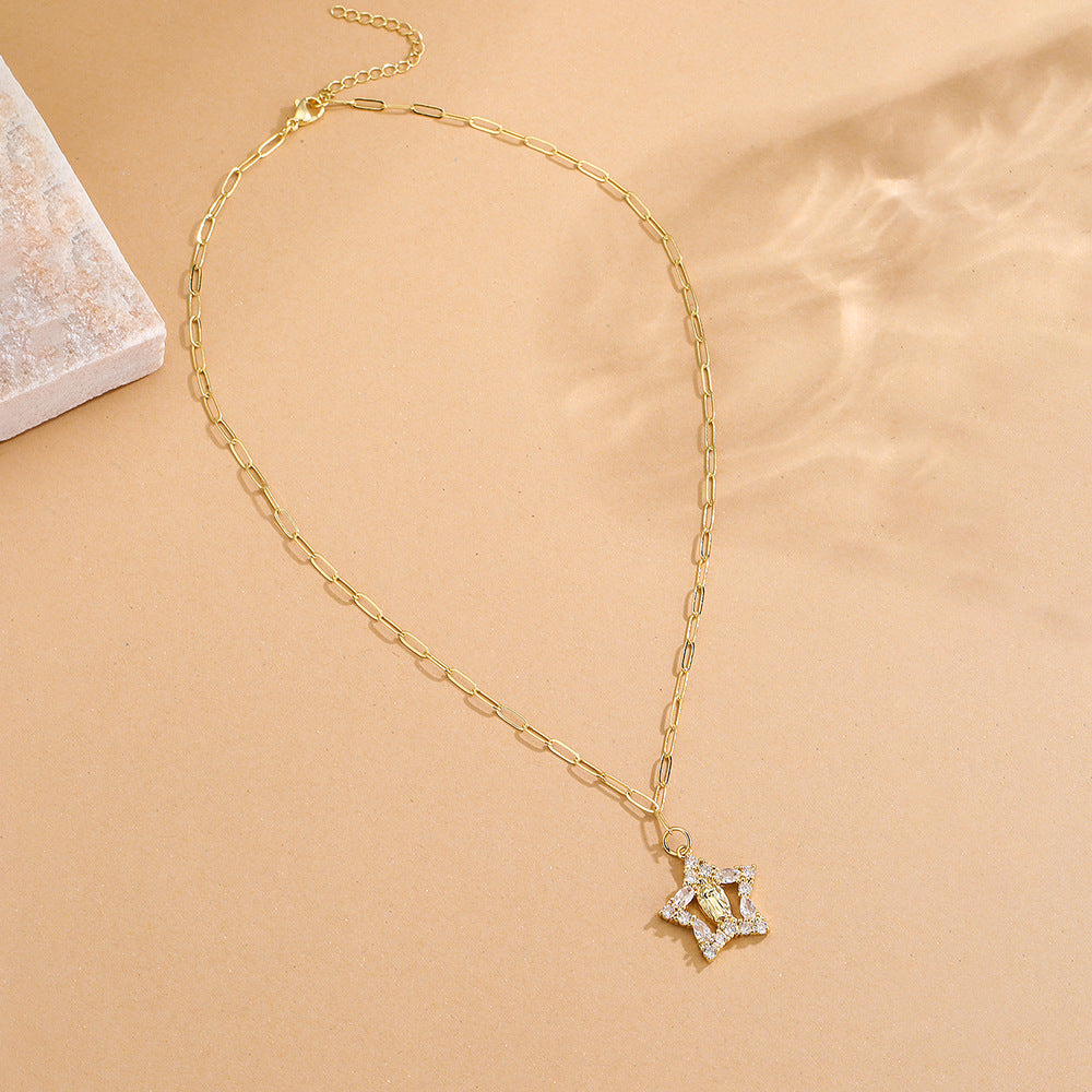 Minimalist Geometric Heart and Star Pendant Necklace for Women in Copper with Real Gold Plating and Zircon Inlay