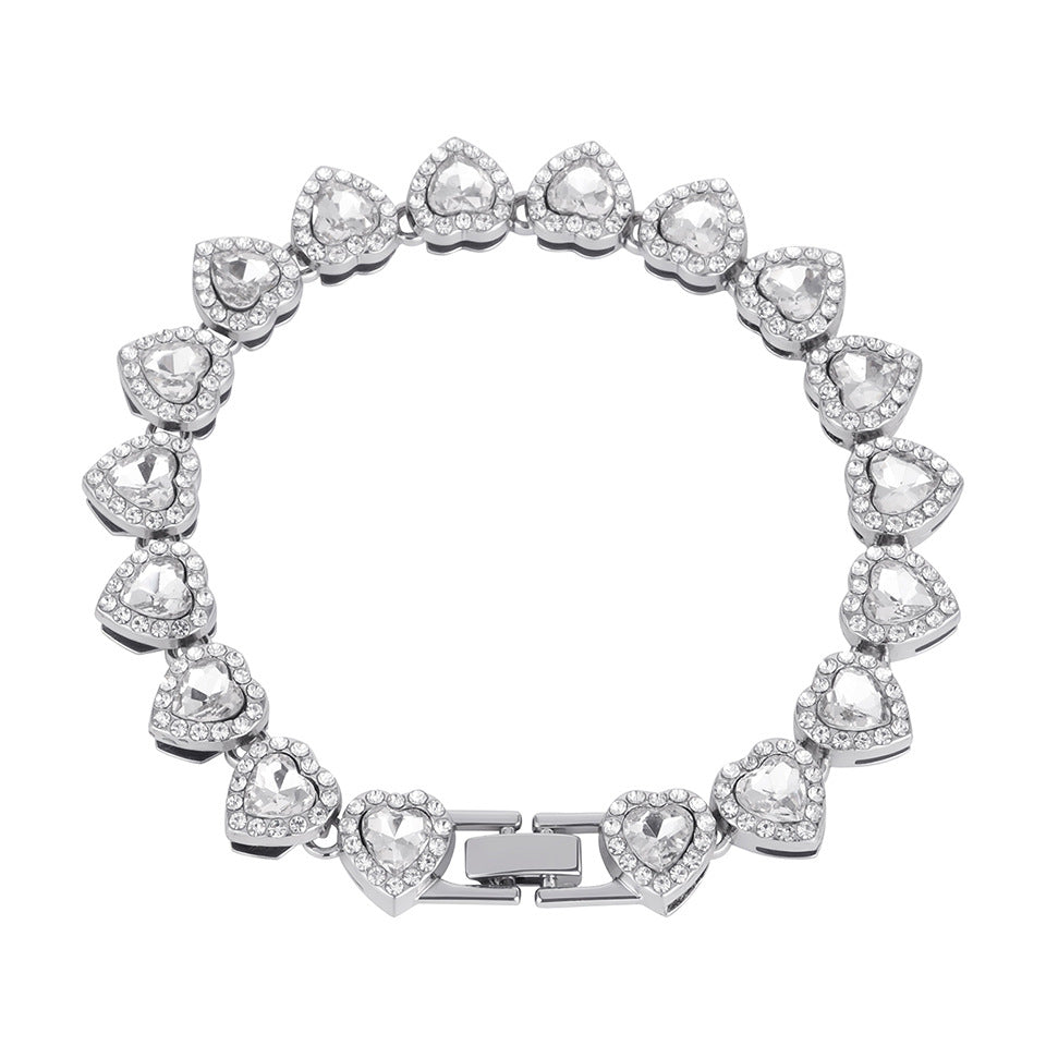 Luxury Heart Shape Brass Cuban Link Chain Necklace Set with Cubic Zirconia Inlay for Unisex