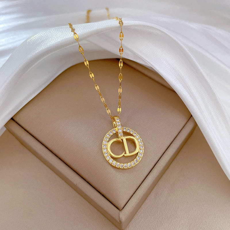 Luxury Geometric Rhinestone Pendant Necklace in Titanium Steel Chain for Unisex