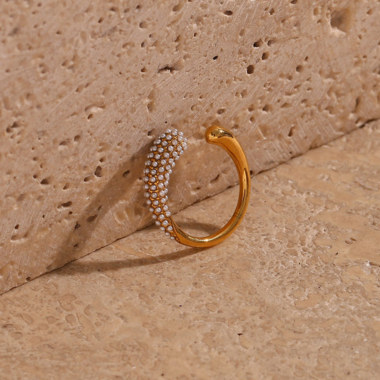 Anello Aperto Minimalista in Acciaio Inossidabile con Forma a Goccia e Micro-Incastonatura a Pavé per Donna