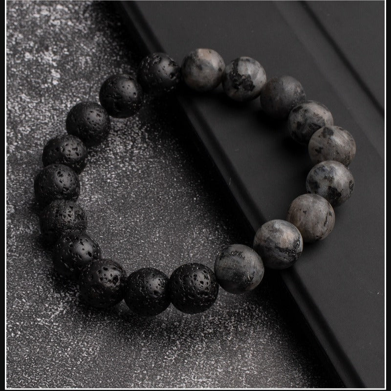 Black Gray Agate Beaded Bracelet Geometric Round Stone Hand Jewelry