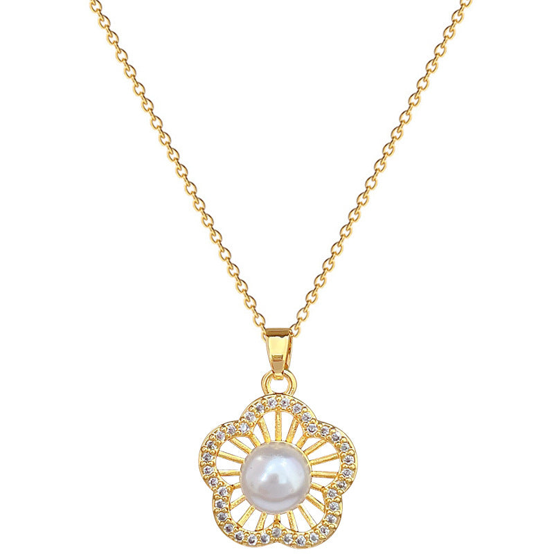 Elegante set collana e orecchini con fiore a cinque petali e perle in acciaio al titanio con intarsio di strass da donna