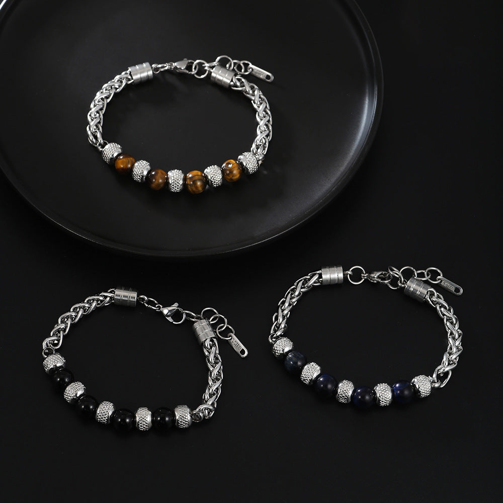 Men's Natural Tiger's Eye and Lapis Lazuli Beaded Bracelet Stainless Steel Geometric Round Stone Jewelry
