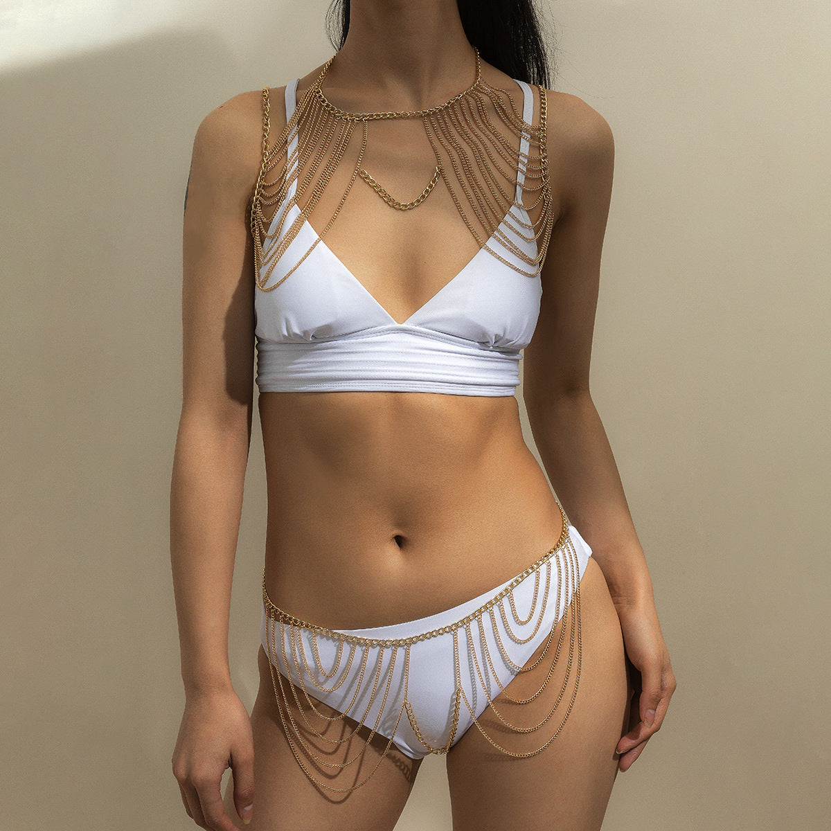 Sexy Geometric Body Chain for Women with Tassel Detail in Metal for Beach and Bikini Wear