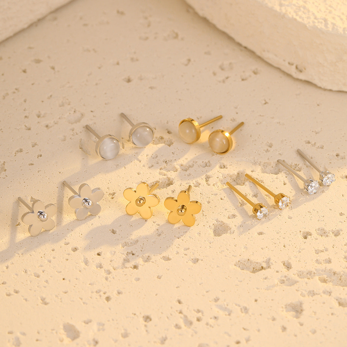Fashionable Office-Style Flower-Shaped Zircon and Cat's Eye Stone Stud Earrings in Titanium Steel with Plated Finish