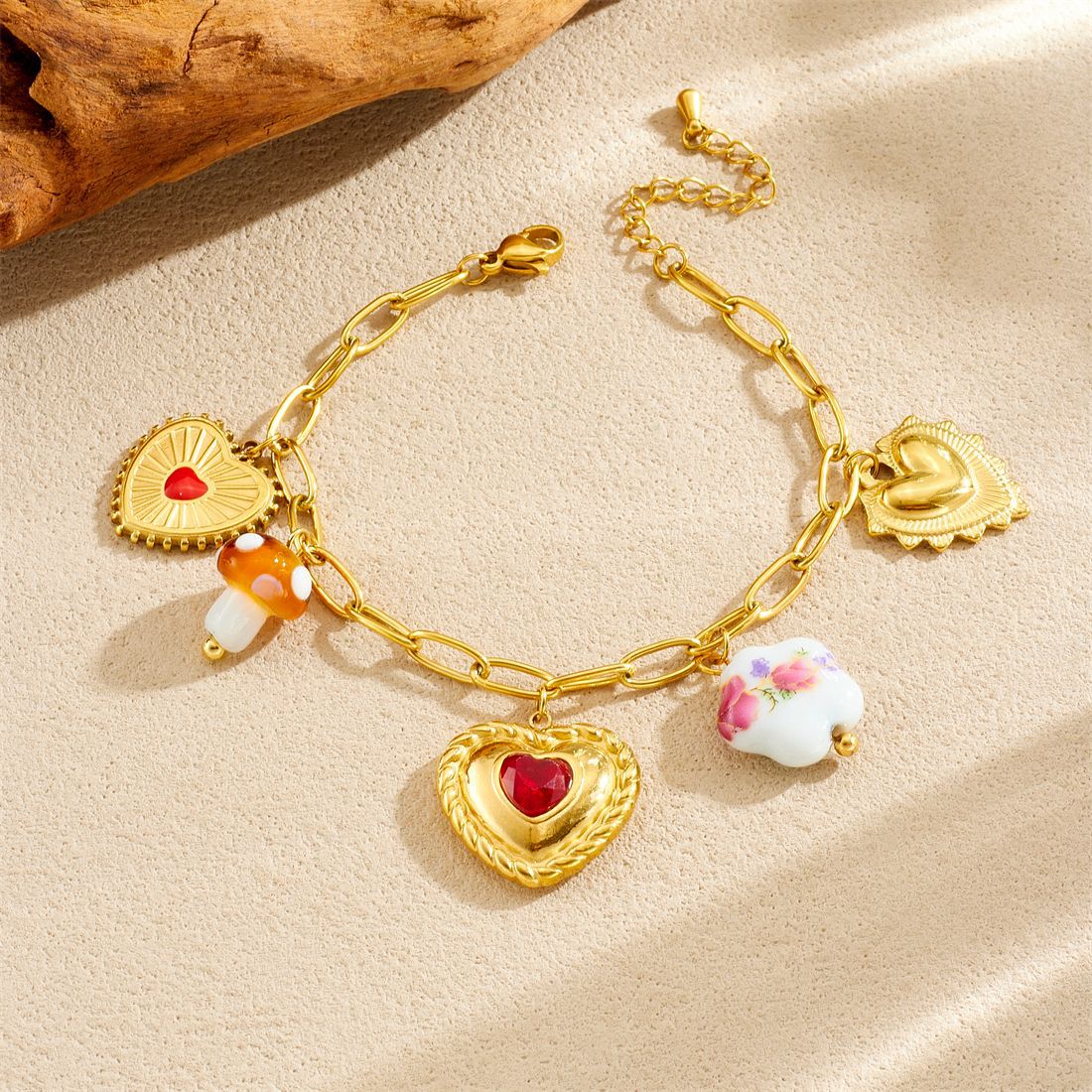 Elegant Gold Plated Rhinestone Inlaid Heart Mushroom Ceramic Pendant Stainless Steel Cable Chain Necklace Set for Women