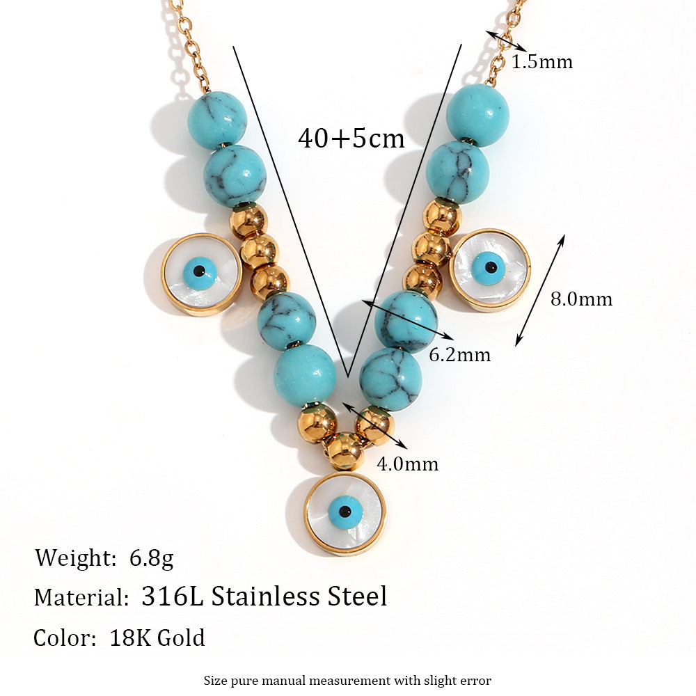 Fashionable French Vintage Pendant Necklace for Women with Geometric Blue Turquoise-Inlaid Round Eyes, Stainless Steel Base with 18K Gold Plating