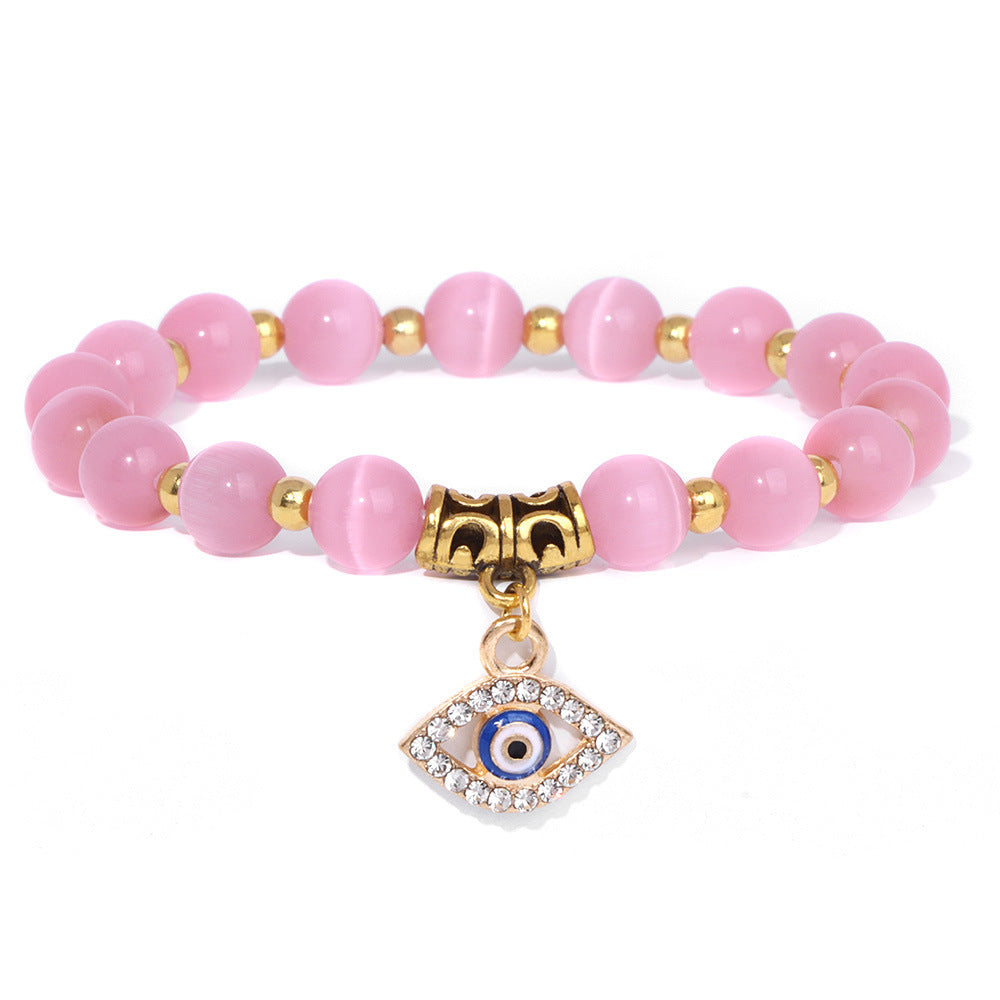 Vintage Minimalist Geometric Agate Beaded Bracelet with Evil Eye Pendant Unisex Jewelry