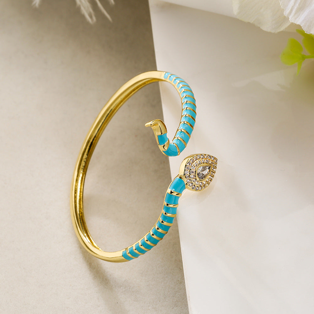 Bohemian Style Snake-Shaped Enamel Zirconia Cuff Bracelet for Women
