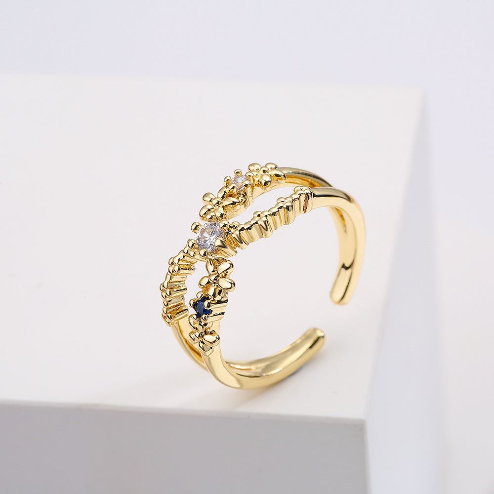 Anello Aperto Geometrico Minimalista da Donna in Rame con Placcatura in Oro Vero e Intarsi in Zircone