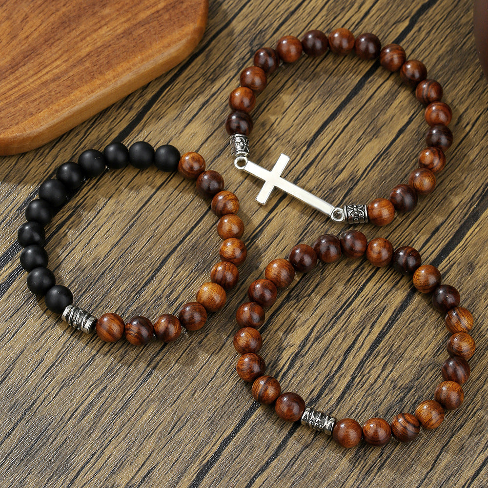 Vintage Bohemian Round Cross Wood Beaded Bracelet Ethnic Unisex Multi-layer Set