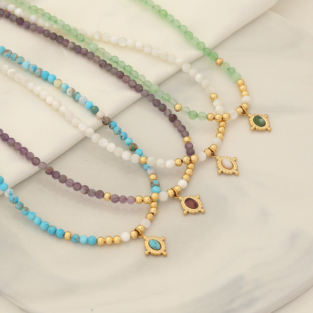 Original Design Geometric Natural Stone Beaded Necklace with Stainless Steel Clavicle Chain for Women
