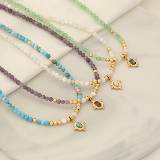 Original Design Geometric Natural Stone Beaded Necklace with Stainless Steel Clavicle Chain for Women