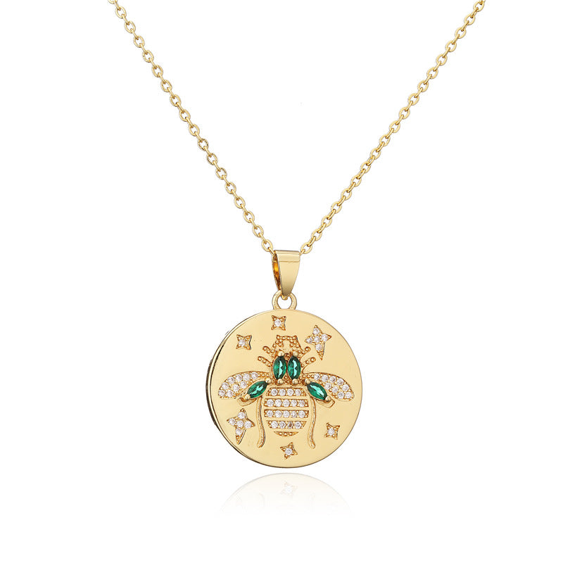 18K Gold Plated Round Animal Micro-Inlaid Cubic Zirconia Brass Pendant Necklace with Cable Chain